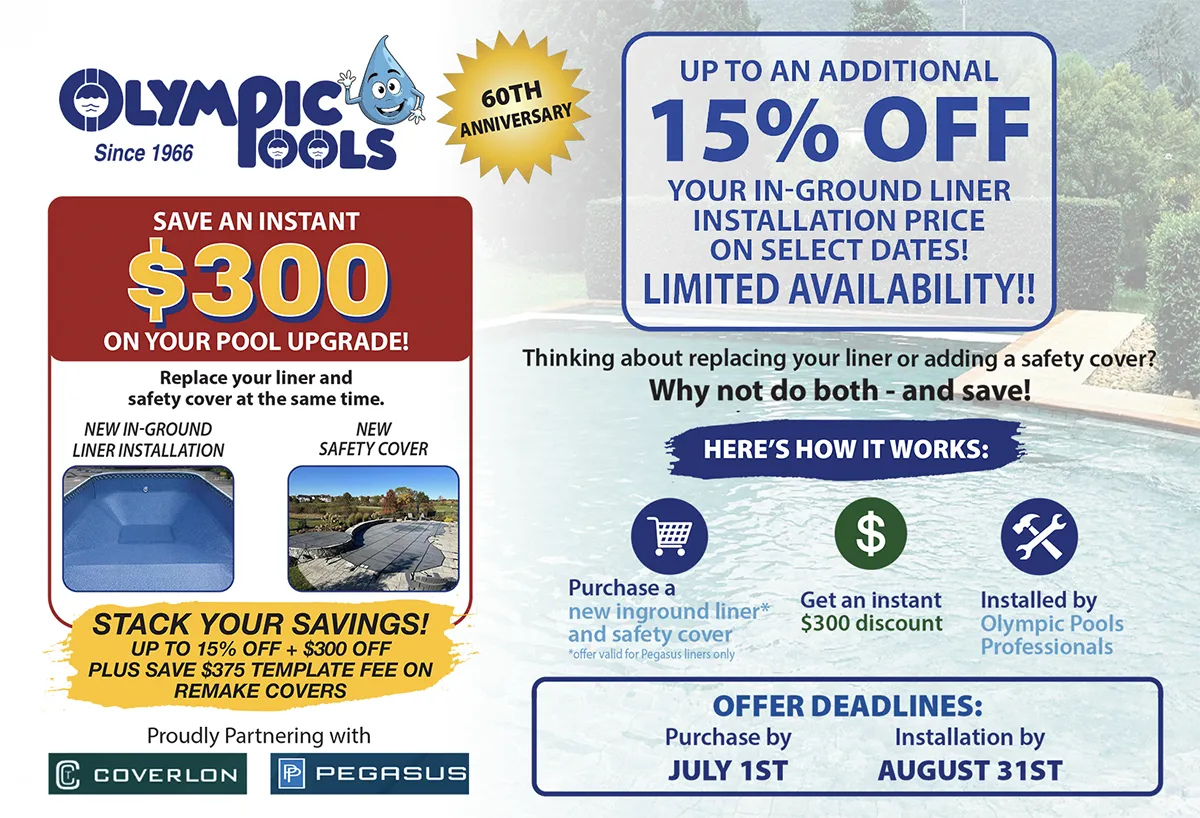 Olympic Pools 60th Anniversary special offer — save $300 instantly on new in-ground pool liner installation and safety cover combo, plus up to 15% off liner installation price on select dates. Limited availability. Purchase by July 1st, installation by August 31st. Serving customers since 1966, partnering with Coverlon and Pegasus.